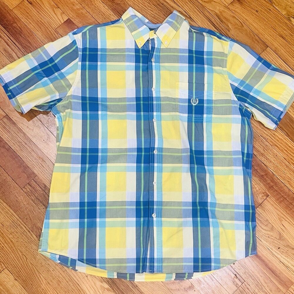 Chaps Men’s XL Plaid Short Sleeve Button Down Shirt Yellow Blue Green